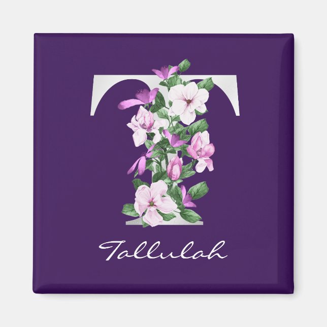 Elegant Purple Floral White Metallic T Monogram Magnet (Vorne)