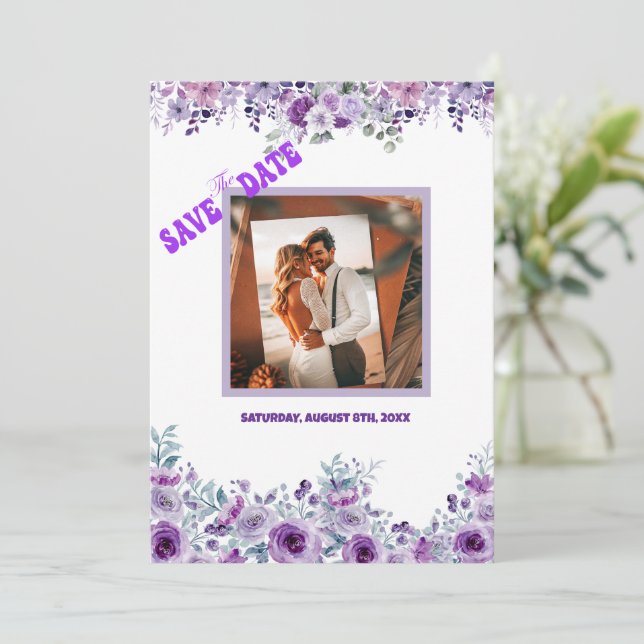 Elegant purple flower save the date (Stehend Vorderseite)