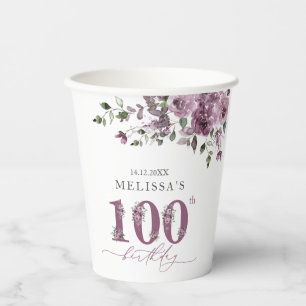 Elegant Purple Flowers 100. Geburtstagsparty Pappbecher
