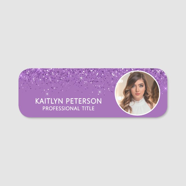Elegant Purple Glitter Magnetic Employee Photo ID Namensschild (Vorderseite)