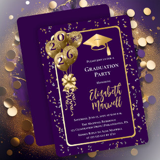 Elegant Purple Gold Balloons Graduation Party Einladung