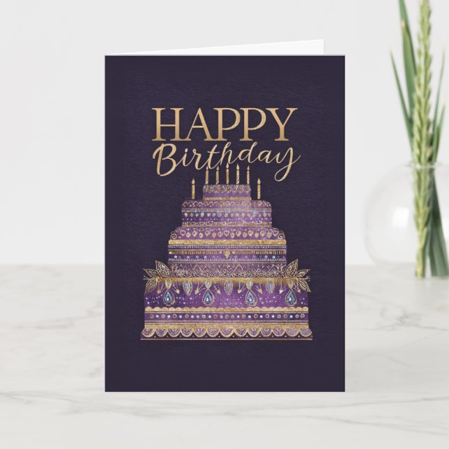 Elegant Purple & Gold Birthday Cake Karte (Vorderseite)