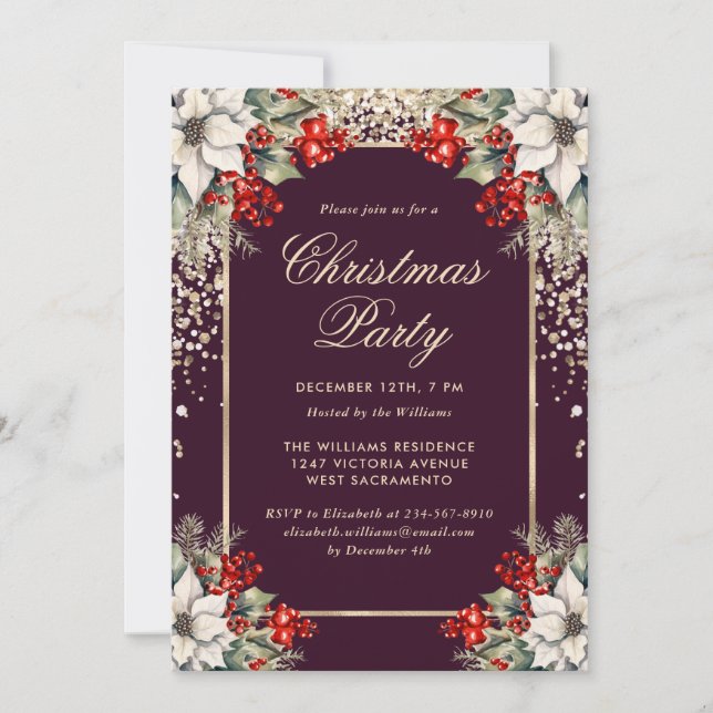 Elegant Purple Gold Botanical Christmas Party Einladung (Vorderseite)