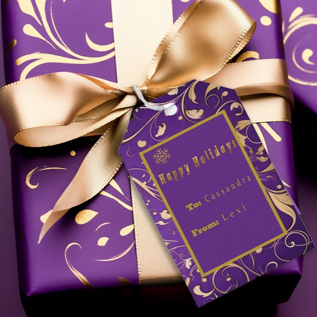 Elegant Purple & Gold Damask 'Happy Holidays'  Geschenkanhänger (Von Creator hochgeladen)
