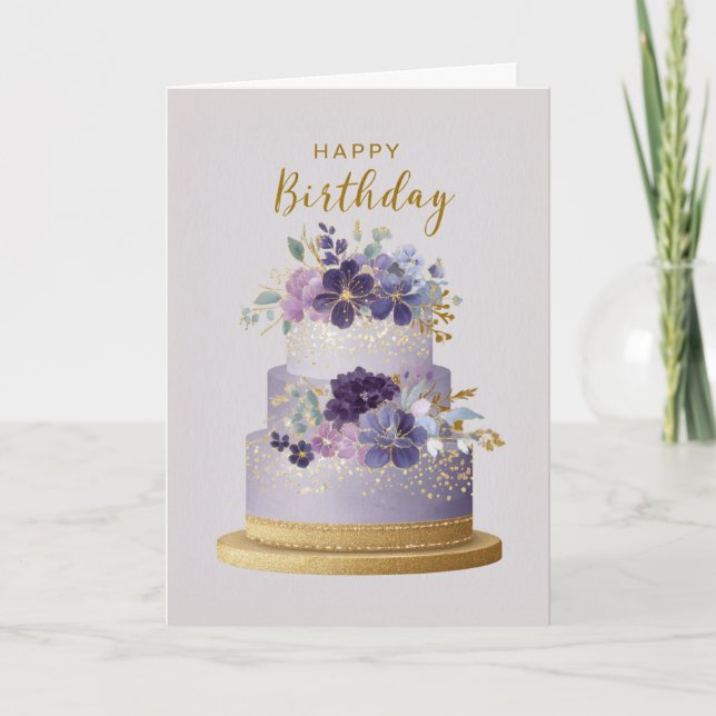 Elegant Purple & Gold Floral Birthday Cake Karte (Vorderseite)