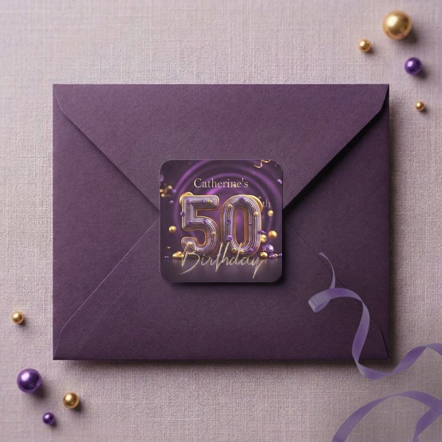 Elegant Purple Gold Glam 50th Birthday Party Quadratischer Aufkleber (Von Creator hochgeladen)