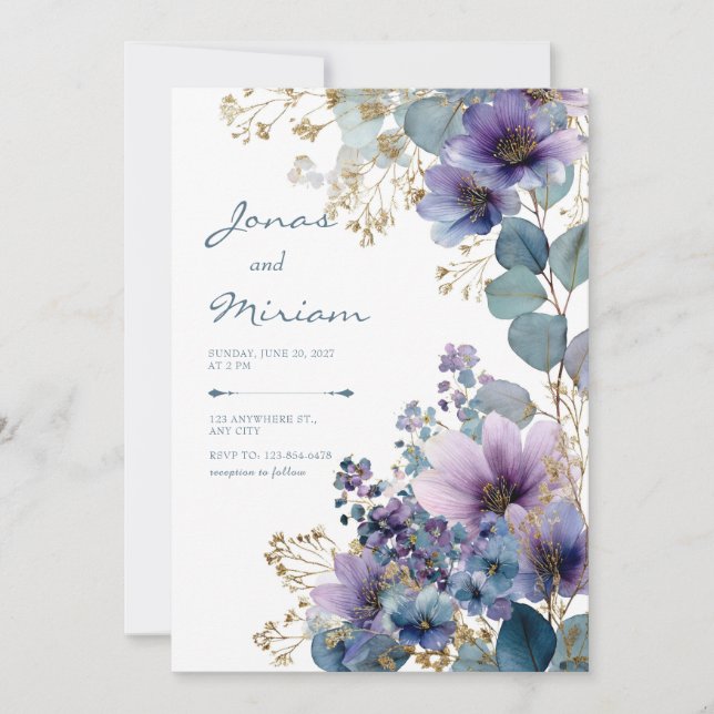 Elegant Purple Gold Glitter Floral Eucalyptus Einladung (Vorderseite)