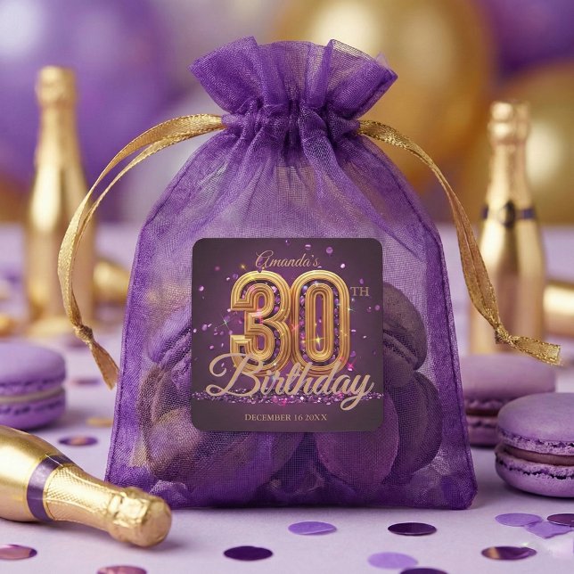 Elegant Purple Gold Jewel 30th Birthday Party Quadratischer Aufkleber (Von Creator hochgeladen)