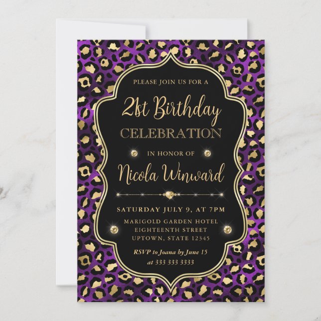 Elegant Purple Gold Leopard Print Birthday Einladung (Vorderseite)