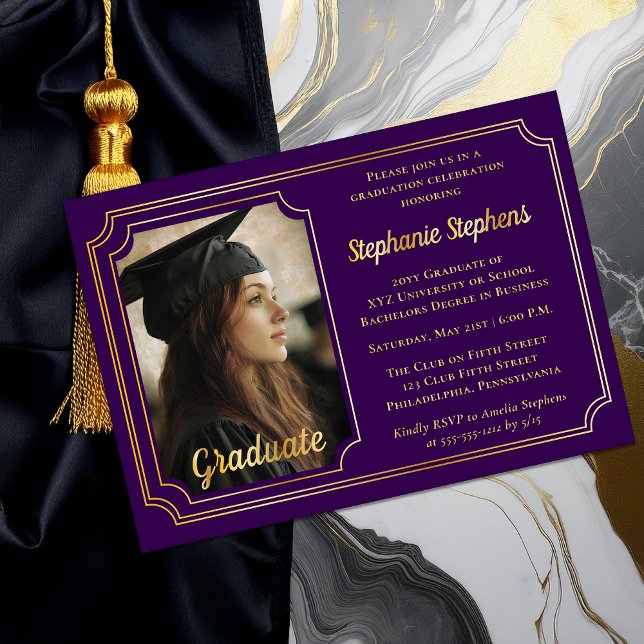 Elegant Purple & Gold Photo Graduation Party  Folieneinladung (Elegant Purple and Gold Foil Graduation Party Invitation with Photo and Scalloped Frame)