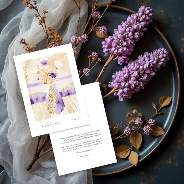 Elegant Purple & Golden Floral Vase Sympathy (Elegant Purple and Golden Effect Tall Vase with Flowers Sympathy Card Design.)