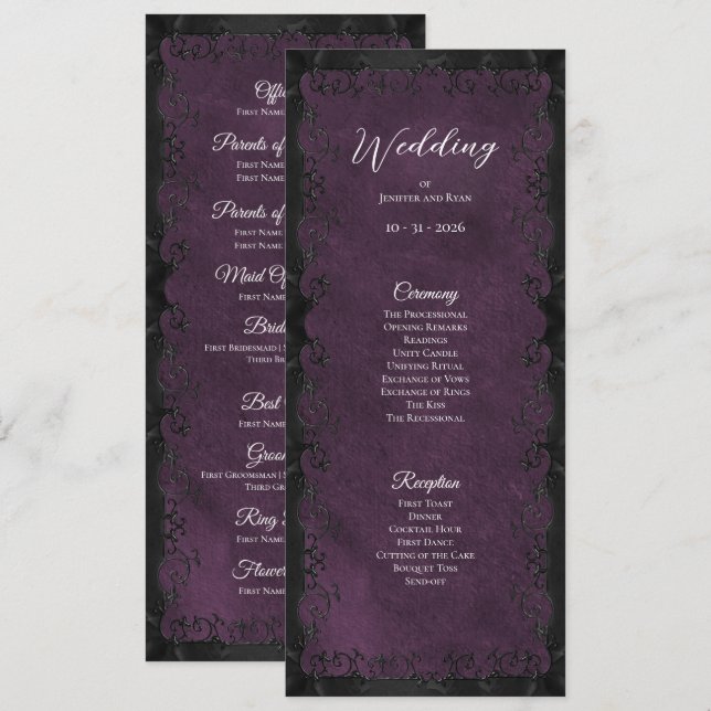 Elegant purple Gothic Wedding Program Menükarte (Vorne/Hinten)