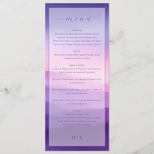 Elegant Purple Gradient Wedding Menu Menükarte (Vorderseite)