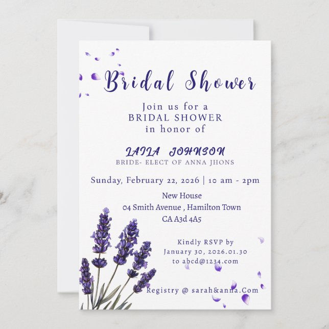 Elegant Purple Lavender Floral Bridal Shower Einladung (Vorderseite)