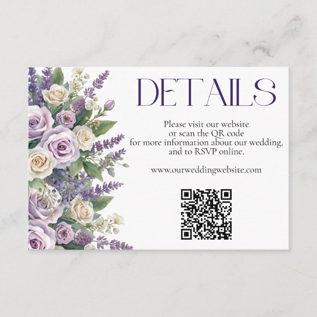 Elegant Purple Lavender Roses Wedding Website QR Begleitkarte (Vorderseite)