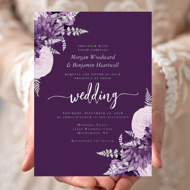 Elegant Purple Lilac Silver Floral Wedding Folieneinladung (Von Creator hochgeladen)