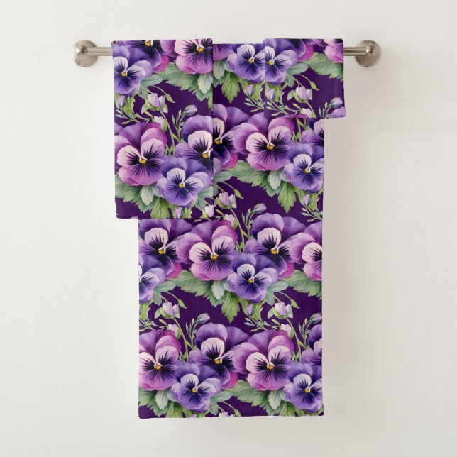 Elegant Purple Pansy Pansies Floral Towel Set (Insitu)