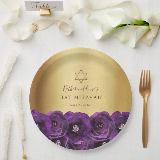Elegant Purple Rose Floral Gold Bat Mitzvah Pappteller (Hochzeit)