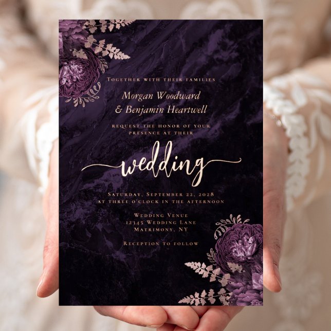 Elegant Purple Rose Gold Floral Wedding Folieneinladung (Von Creator hochgeladen)