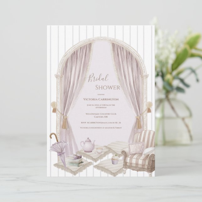 Elegant Purple Stripe Bridal Shower   Einladung (Stehend Vorderseite)