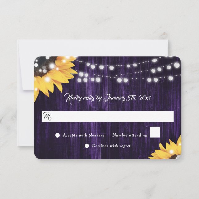 Elegant Purple Sunflower Wood Lace Lights Wedding RSVP Karte (Vorderseite)