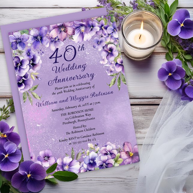 Elegant Purple Violets 40th Wedding Anniversary  Einladung (Elegant Purple Violets 40th Wedding Anniversary Invitation -- Print | Digital Download)