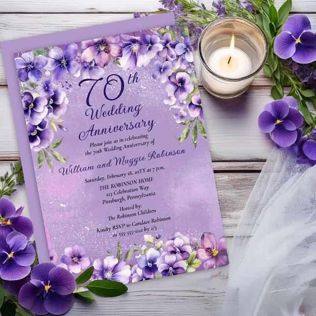 Elegant Purple Violets 70th Wedding Anniversary  Einladung (Elegant Purple Violets 70th Wedding Anniversary Invitation -- Print | Digital Download)