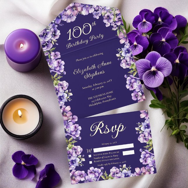 Elegant Purple Violets Floral 100th Birthday Party All-in-One-Einladung (Elegant Boho Purple Violets Floral Formal 100th Birthday Party All in One Gold Foil Invitation)