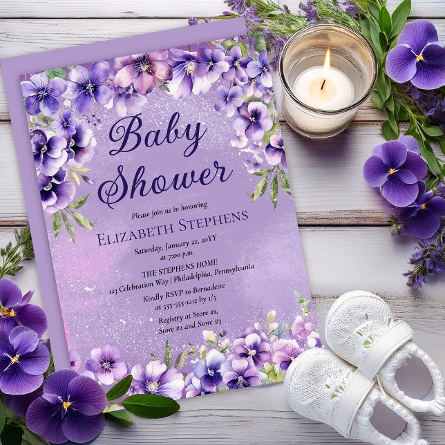 Elegant Purple Violets Floral Baby Shower Einladung (Elegant Boho Purple Violets Lavender Floral Baby Shower Invitation - Print | Digital Download)