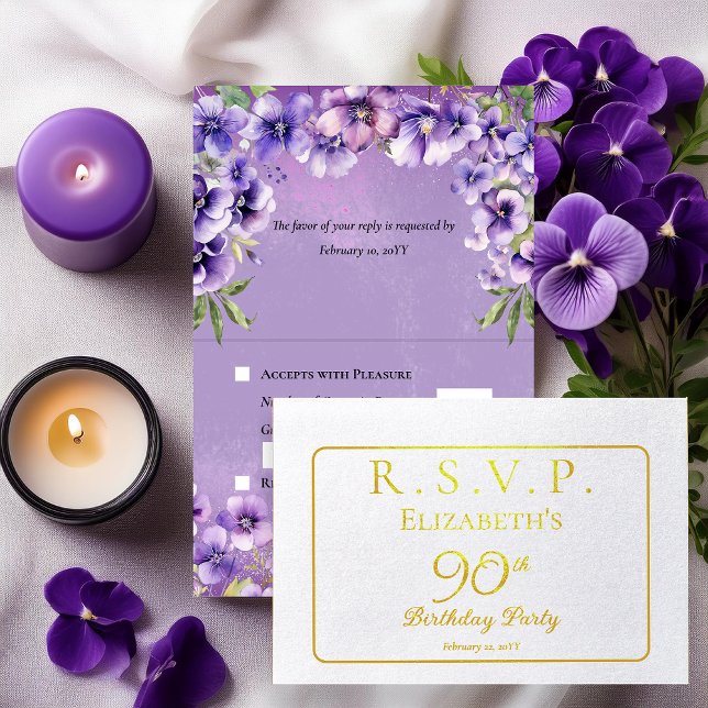 Elegant Purple Violets Floral Birthday Party RSVP Folienkarte (Elegant Purple Violets Floral 90th Birthday Party RSVP Foil Invitation Folded Insert Enclosure Card)