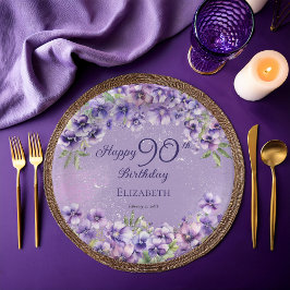 Elegant Purple Violets Floral Happy 90th Birthday Pappteller