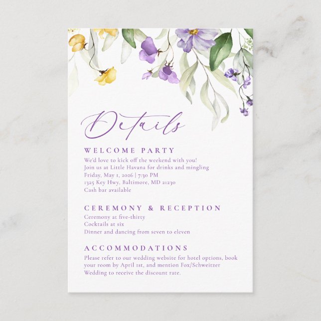 Elegant Purple Watercolor Floral Wedding Begleitkarte (Vorderseite)