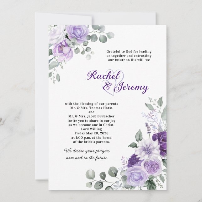 Elegant Purple Watercolor Floral Wedding Einladung (Vorderseite)