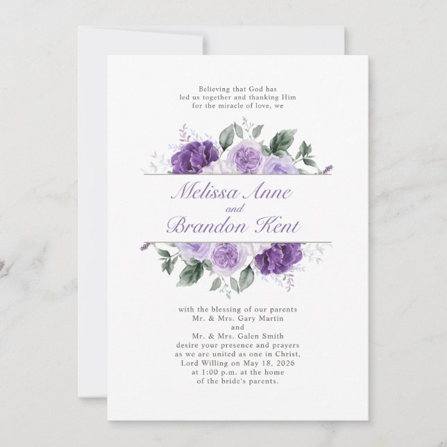 Elegant Purple Watercolor Floral Wedding Einladung (Vorderseite)