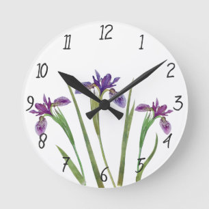 Elegant Purple Watercolor Iris Flowers Botanical Runde Wanduhr