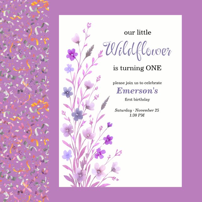 Elegant Purple Wildflower 1st Birthday Party Einladung (Von Creator hochgeladen)