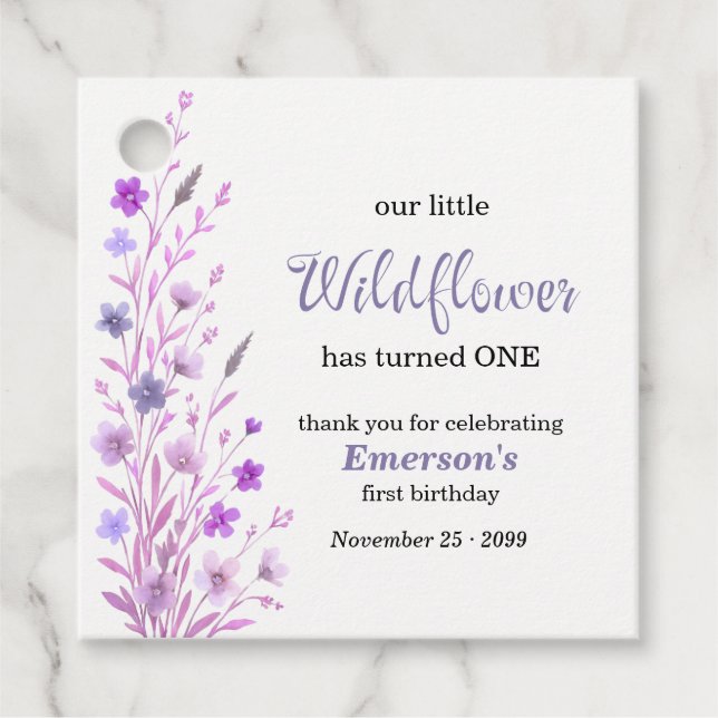 Elegant Purple Wildflower 1st Birthday Party Geschenkanhänger (Vorderseite)