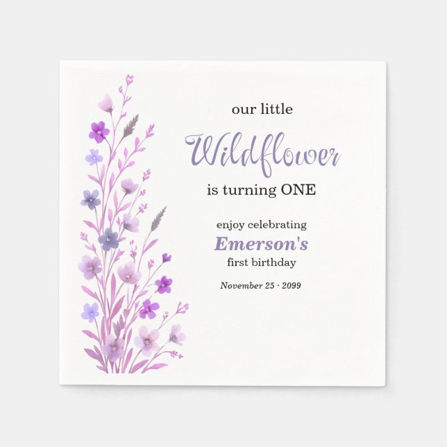 Elegant Purple Wildflower 1st Birthday Party Serviette (Vorderseite)