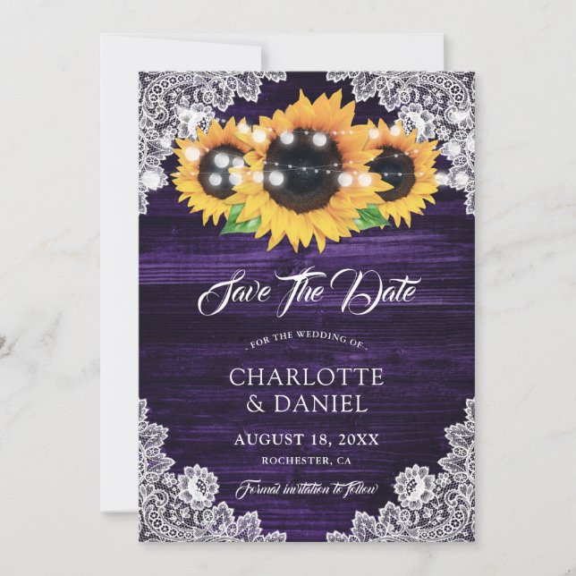 Elegant Purple Wood Floral Lace Sunflower Wedding Save The Date (Vorderseite)