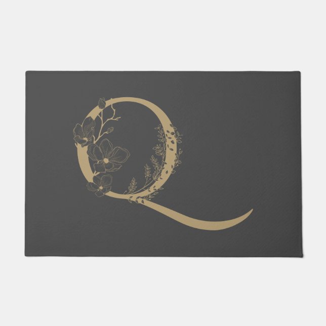 Elegant Q Boho Floral Monogram Initial Gray Gold Fußmatte (Vorderseite)
