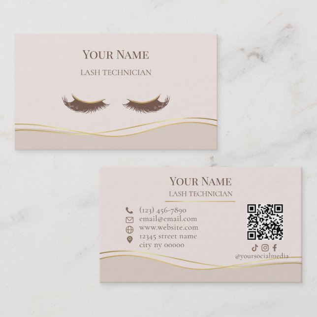 Elegant QR code Beige and Gold Lash Technician Visitenkarte (Vorne/Hinten)
