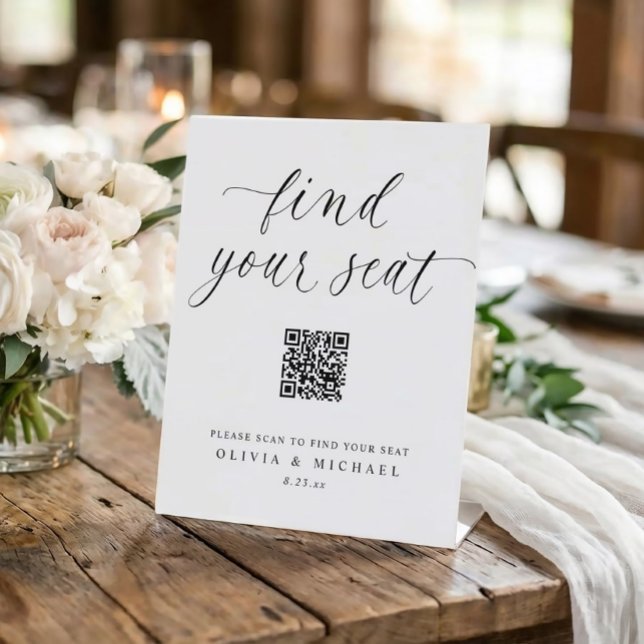 Elegant QR Code Digital Seating Chart Wedding Sockelschild (Elegant simple wedding seating chart sign with trendy script and QR code - Find Your Seat)
