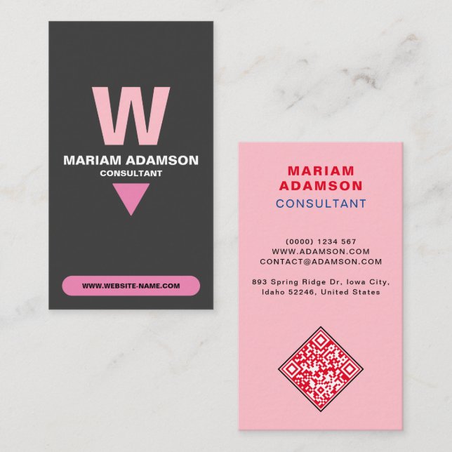 Elegant (QR-Code für Monogramm) Rosa und matt Schw Visitenkarte (Vorne/Hinten)