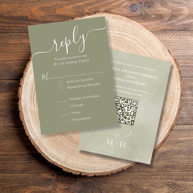Elegant QR Code Palm Leaves Classic Meal Choice RSVP Karte (Simple Green watercolor RSVP card with classic meal choice and QR Code.)