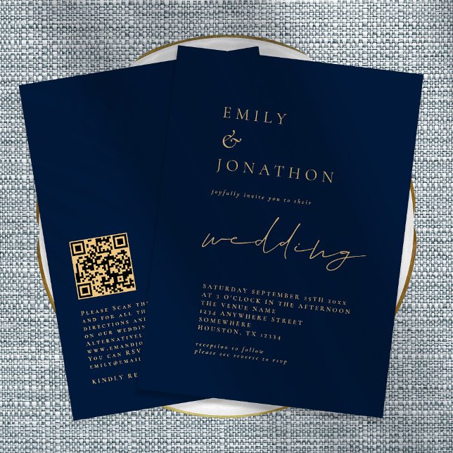 Elegant QR Code Skript Navy Gold Hochzeit Einladun Einladung (Von Creator hochgeladen)