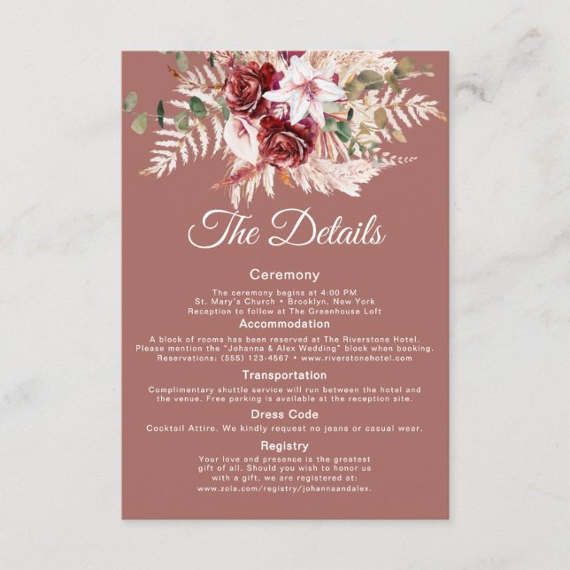 Elegant QR Code Wedding Info Card | Dusty Rosewood Begleitkarte (Vorderseite)