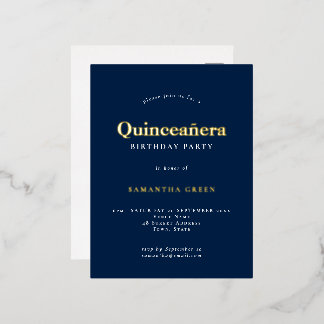 Elegant Quinceañera Birthday Party Navy Blue Glam Folie Einladungspostkarte