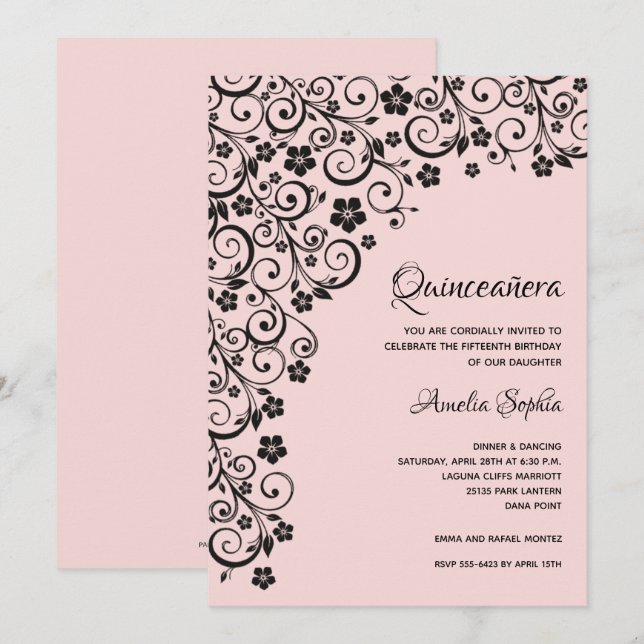 Elegant Quinceañera Black and Pink Einladung (Vorne/Hinten)