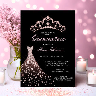 Elegant Quinceañera Black Pink Tiara Gown Dress Einladung