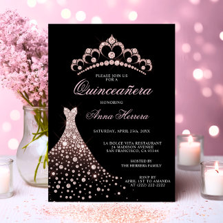 Elegant Quinceañera Black Pink Tiara Gown Dress Einladung